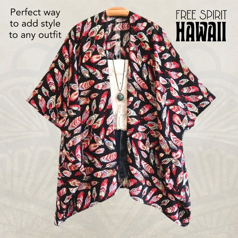 Boho Feathers Short Kimono | Black and Red | Boho Jacket | Cardigan | Bohemian